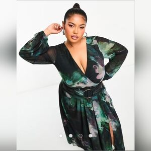 ASOS DESIGN NWT Curve Plunge Midi Dress Blurred Green Floral Print-Multi Size 22
